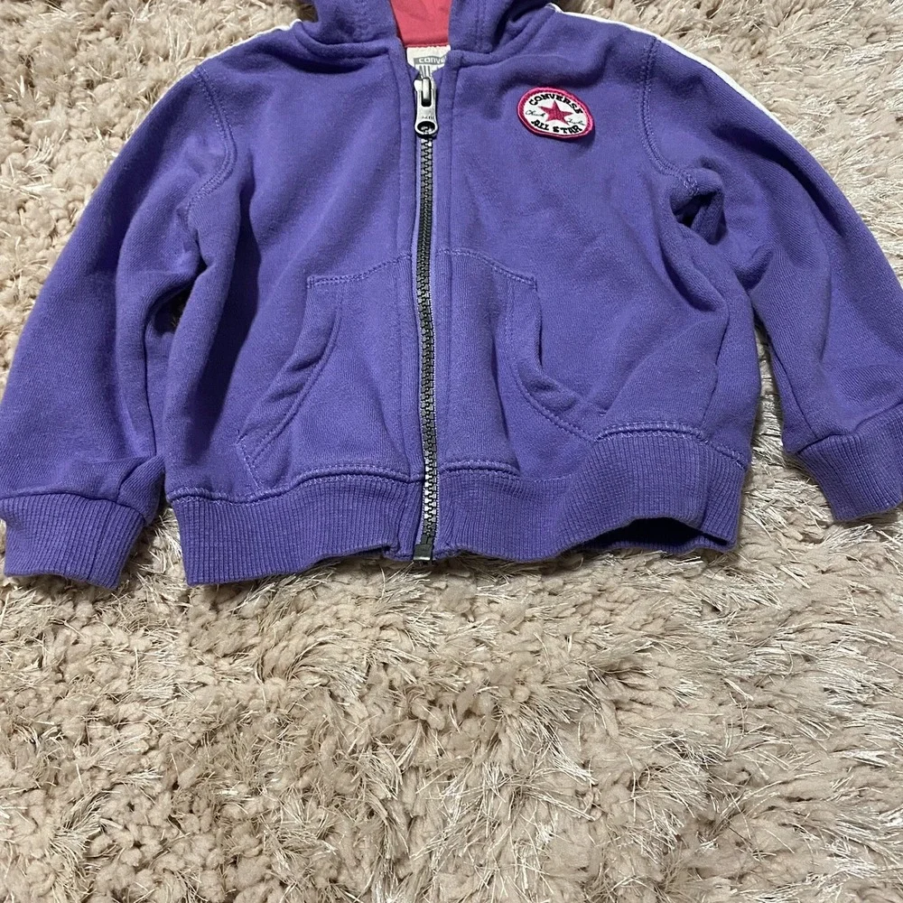 Converse Hoodie Girls 12M Purple‎ Full Zip Athletic Sporty Pink White Striped